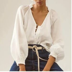 Maeve White Linen Balloon Sleeve Blouse Victorian Cottagecore Womens M